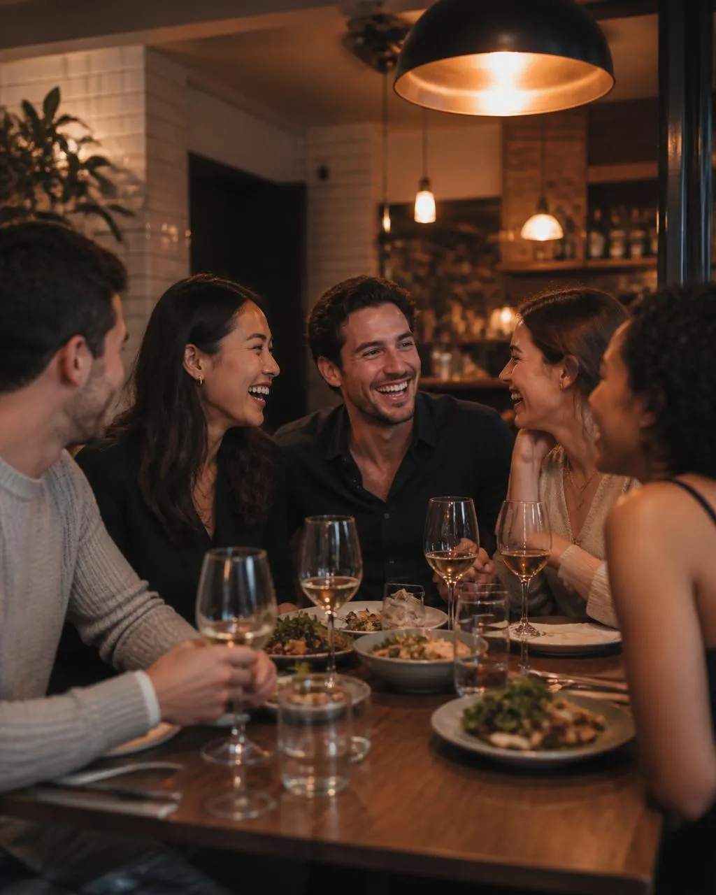 Grupo diverso de pessoas rindo durante um jantar em um restaurante aconchegante